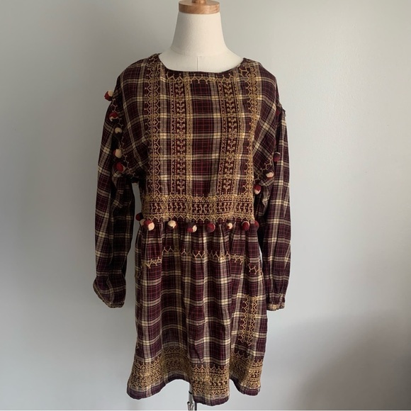 Zara plaid boho Pom Pom mini dress with embroidery - Picture 6 of 10